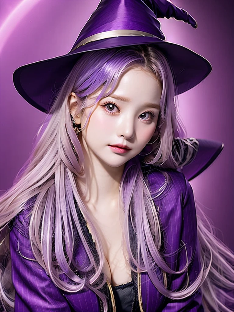 1 girl, portrait, long wavy hair, purple hair, witch dress, witch hat