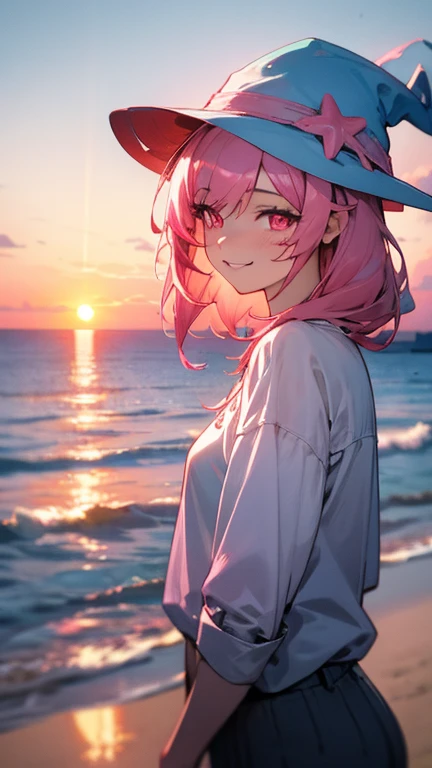 beach，seaside，Sunset，pink hair，pink eyes，Smile，white shirt，8K resolution，wizard hat