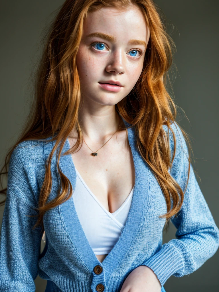(best quality,highres),
large thigh gap jeans,cardigan,see-through,BLUE bra,Sadie Sink,
detailed face features,beautiful eyes and lips,girl,
realistic,studio lighting,
vivid colors,sharp focus
