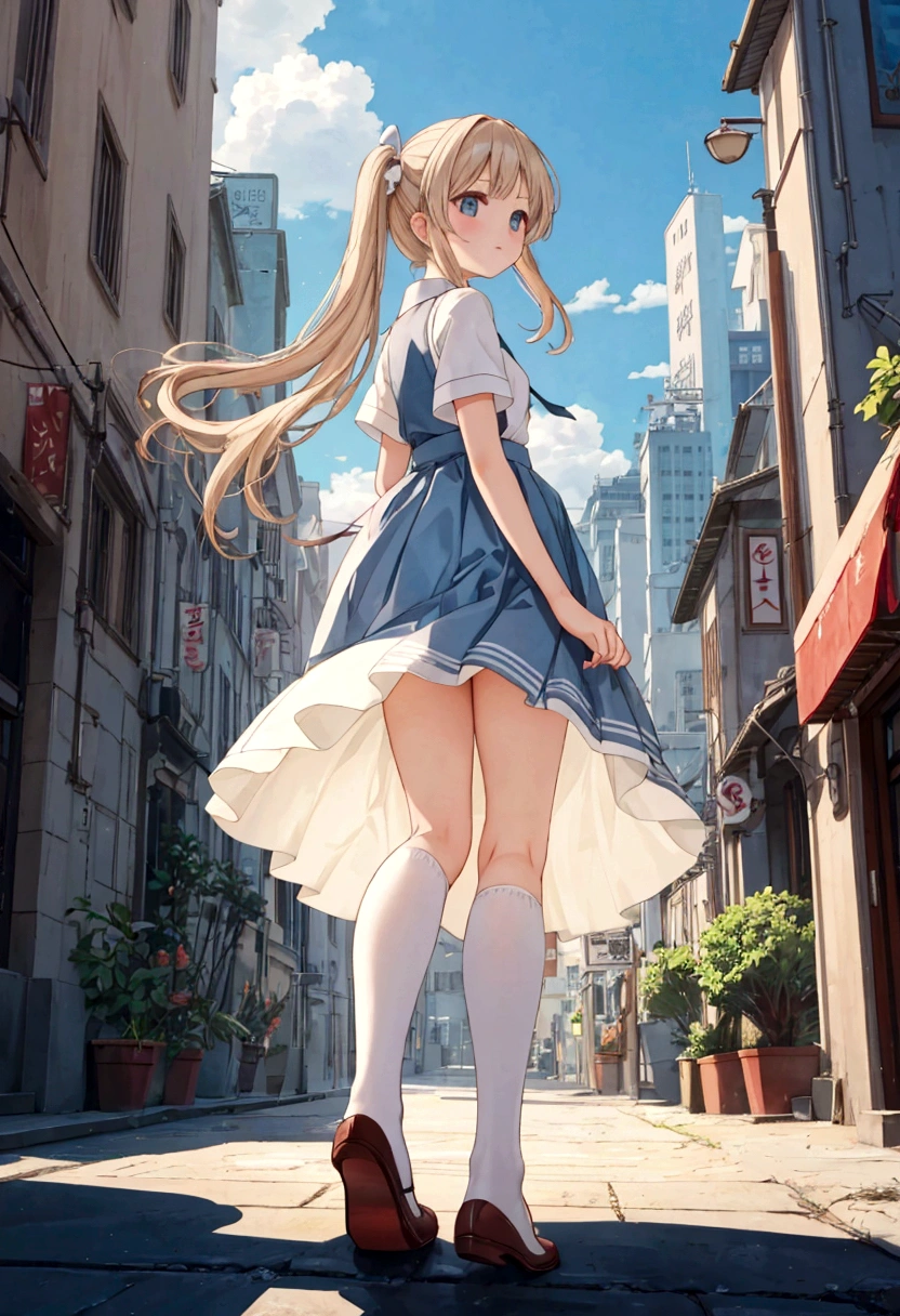 Long skirt for uniform、The color is dark blue、
From under the pleated skirt of the uniform, Dutch Angle, Under the skirt, 



、Skirts that flip in strong winds、Trailing behind、White cotton panties are visible

