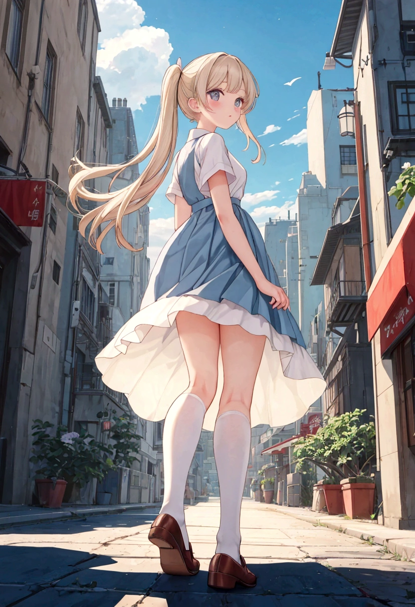 Long skirt for uniform、The color is dark blue、
From under the pleated skirt of the uniform, Dutch Angle, Under the skirt, 



、Skirts that flip in strong winds、Trailing behind、White cotton panties are visible

