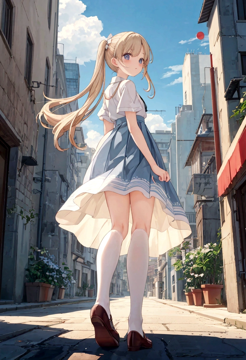 Long skirt for uniform、The color is dark blue、
From under the pleated skirt of the uniform, Dutch Angle, Under the skirt, 



、Skirts that flip in strong winds、Trailing behind、White cotton panties are visible

