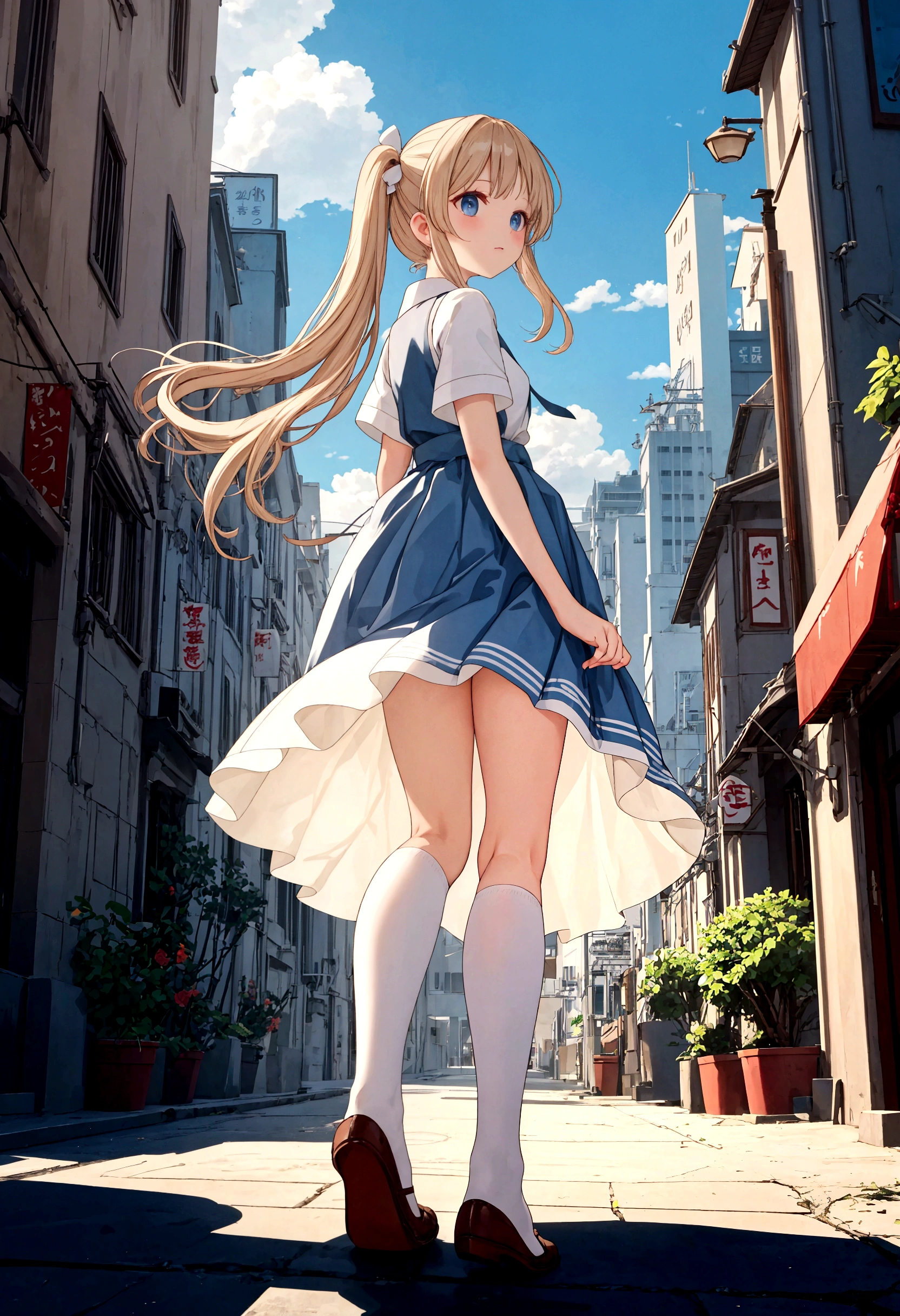 Long skirt for uniform、The color is dark blue、
From under the pleated skirt of the uniform, Dutch Angle, Under the skirt, 



、Skirts that flip in strong winds、Trailing behind、White cotton panties are visible

