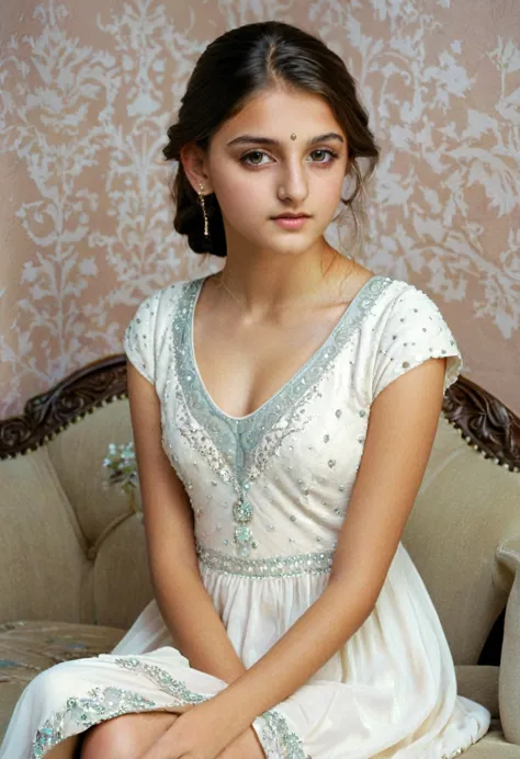 1girl, detailed face and ,  beautiful detailed nose, white skin, indian ethnicity, 16 years old, white dress, sitting on sofa , ...