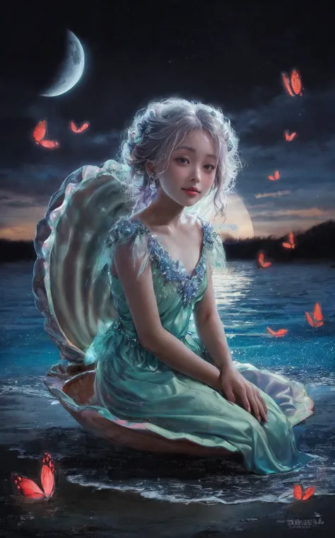 A captivating dark fantasy painting of a teenage girl with violet, curly hair, the expression on her face is serene and delicate...