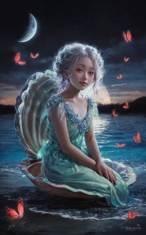 a captivating dark fantasy painting of a teenage girl with violet, curly hair, the expression on her face is serene and delicate...