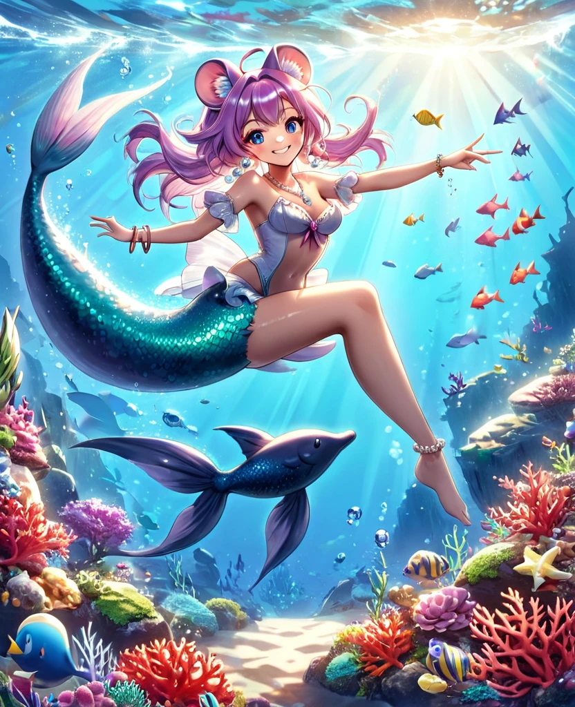 Altamente detalhado, obra de arte, alta qualidade, Linda rato antropomórfica magicamente transformada em sereia, fantasia, mudança de corrida, sorridente, estilo anime, orelhas de rato, longo rabo de sereia abaixo da cintura, nadadeiras pélvicas e dorsais, um par de brânquias de peixe no pescoço dela, sutiã conchas, brincos e pulseiras de pérolas, colar de pérolas,