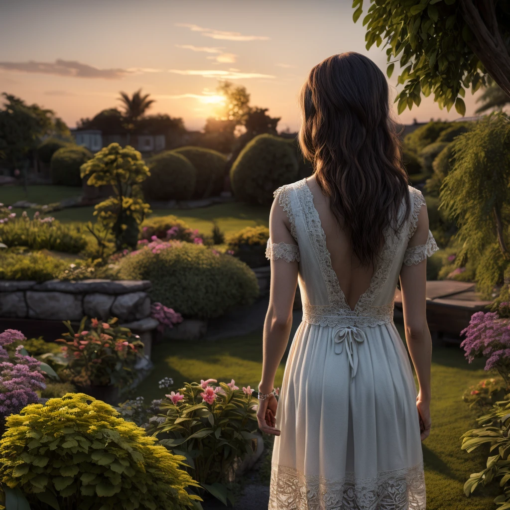 Una hermosa niña en un jardín., vista trasera, pelo largo, usando un vestido blanco, mirando la puesta de sol, cara detallada, ojos detallados, hermosos labios detallados, extremely cara detallada and eyes, pestañas largas, patrones florales intrincados, Vegetación exhuberante, iluminación cálida, composición cinematográfica, Colores vibrantes, photoRealista, (mejor calidad,4k,8K,alta resolución,obra maestra:1.2),ultra detallado,(Realista,photoRealista,photo-Realista:1.37),iluminación cinematográfica,enfoque suave