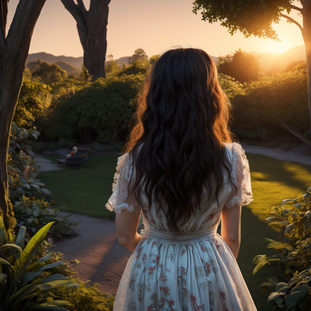 Una hermosa niña en un jardín., vista trasera, pelo largo, usando un vestido blanco, mirando la puesta de sol, cara detallada, ojos detallados, hermosos labios detallados, extremely cara detallada and eyes, pestañas largas, patrones florales intrincados, Vegetación exhuberante, iluminación cálida, composición cinematográfica, Colores vibrantes, photoRealista, (mejor calidad,4k,8K,alta resolución,obra maestra:1.2),ultra detallado,(Realista,photoRealista,photo-Realista:1.37),iluminación cinematográfica,enfoque suave