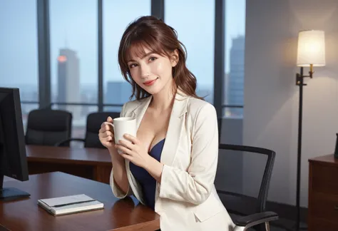 1lady sitting, holding a mug, office worker outfit, beautiful mature female, brown hair, bangs, light smile, (masterpiece best q...