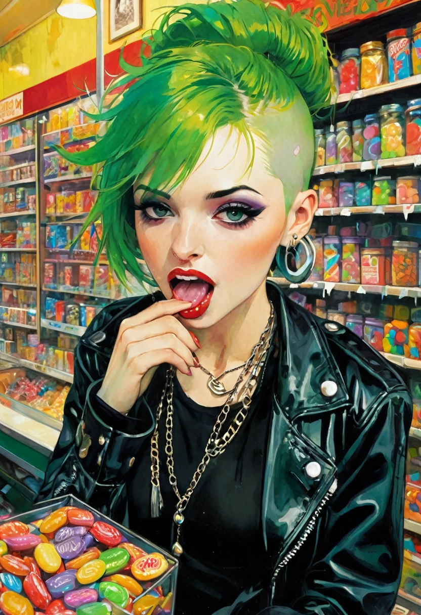 Punk girl, green hair, sexy, in the middle of a small candy store - SeaArt  AI