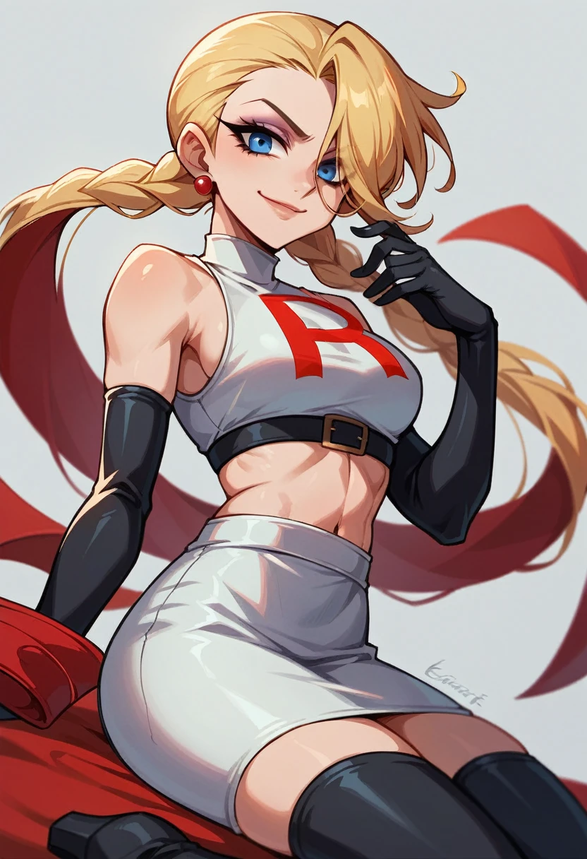 jinx, 1girl, solo ,blonde hair, blue eyes ,hair covering one eye, hair ornament ,glossy lips, earings ,team rocket uniform, red letter R, white skirt,white crop top,black thigh-high boots, black elbow gloves, closed mouth, evil smile,