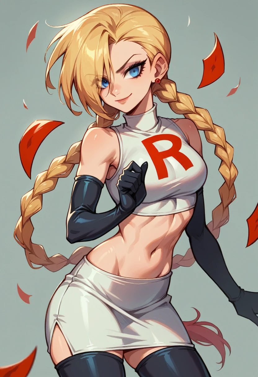 jinx, 1girl, solo ,blonde hair, blue eyes ,hair covering one eye, hair ornament ,glossy lips, earings ,team rocket uniform, red letter R, white skirt,white crop top,black thigh-high boots, black elbow gloves, closed mouth, evil smile,