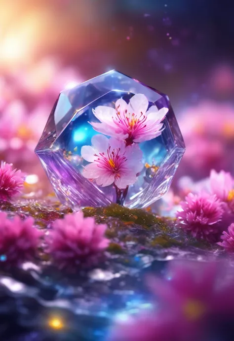 crystal spring blossom,
fantasy, galaxy, transparent, 
shimmering, sparkling, splendid, colorful, 
magical photography, dramatic...