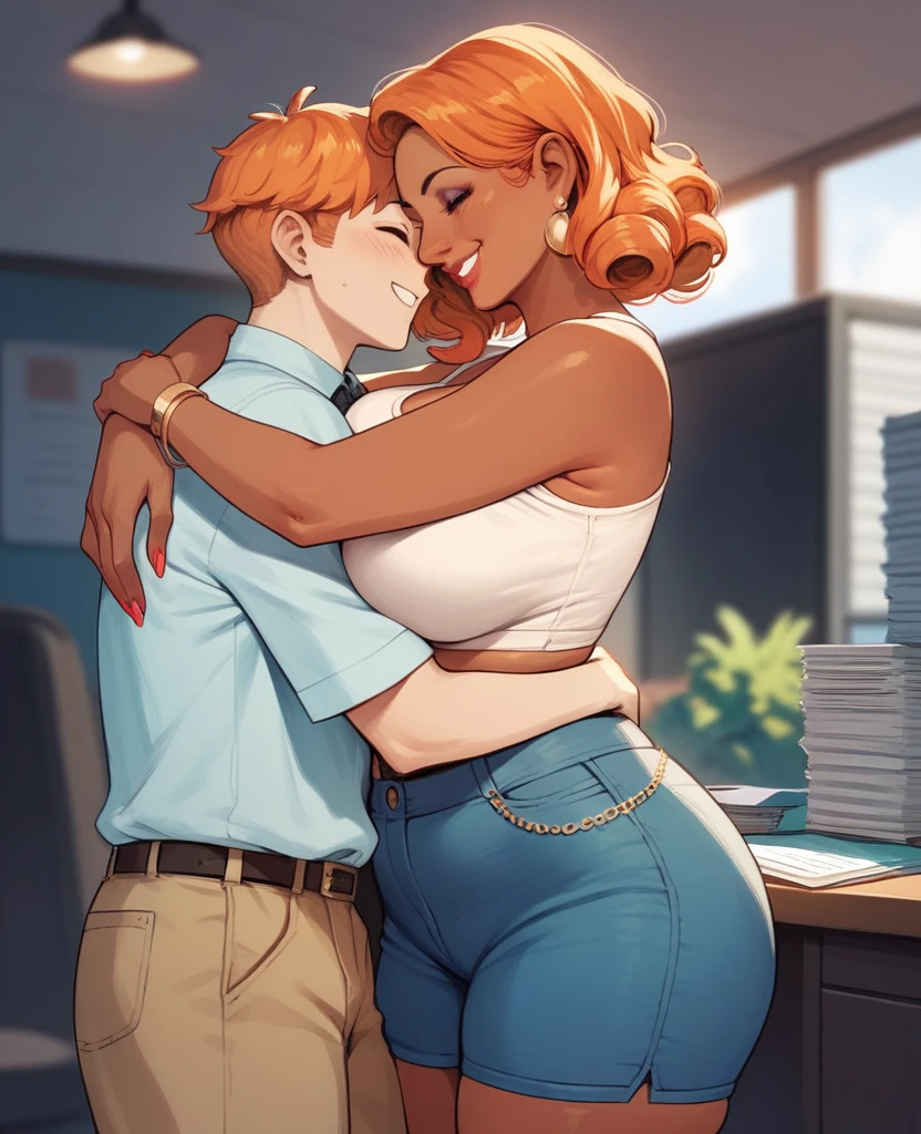 1boy, boy( tall tanned boy wearing a crop top and shorts with elbow length curly Orange hair hugging a woman), 1girl, woman(mature woman with office clothes curvy with Big breasts, smiling)