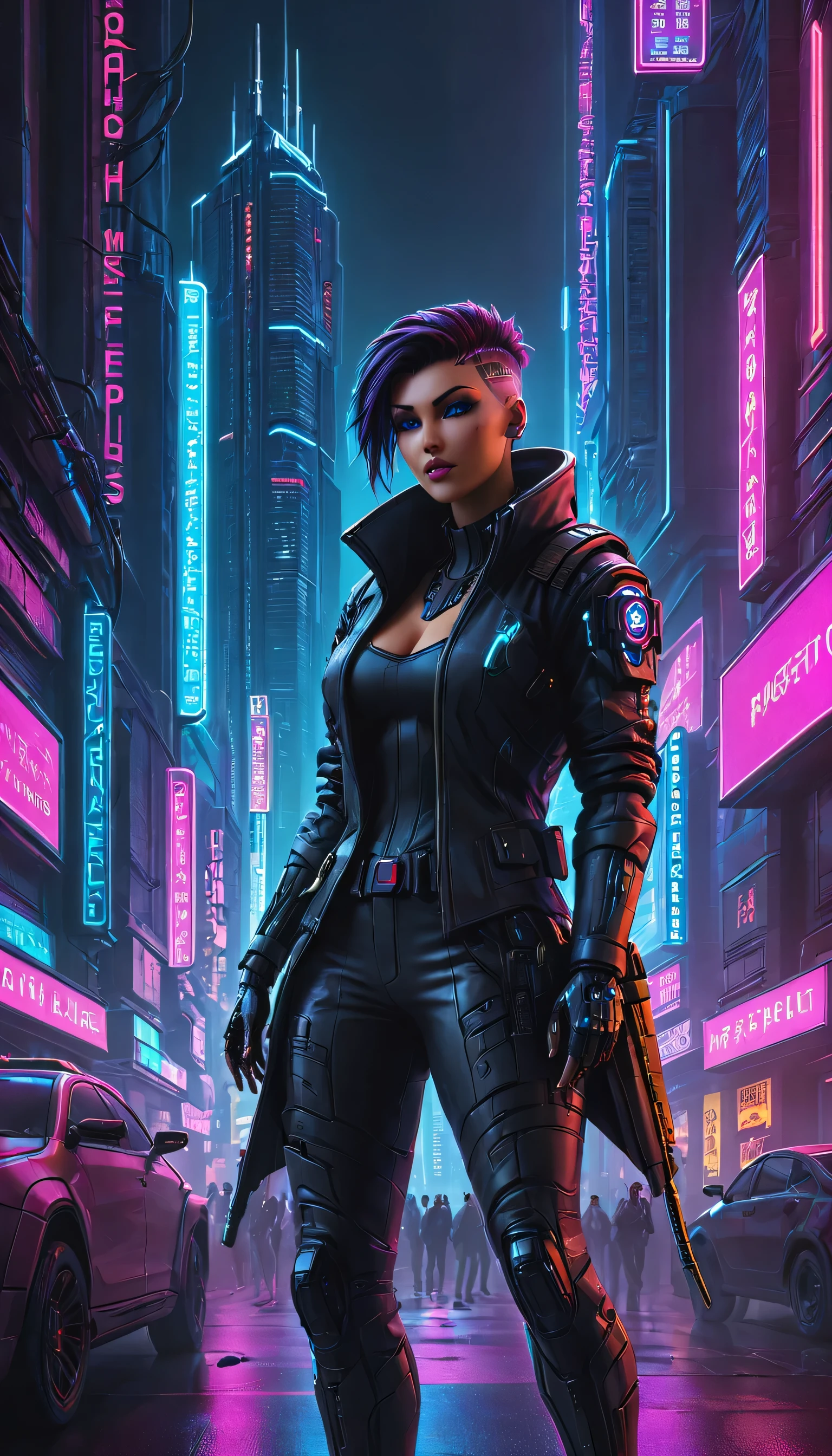 dark cyberpunk illustration of brutal Cyberpunk streets in a world without hope, ruled by ruthless criminal corporation, best quality, high resolution, skyscrapers, futuristic, neon lights, high contrast, highly detailed, vibrant colors