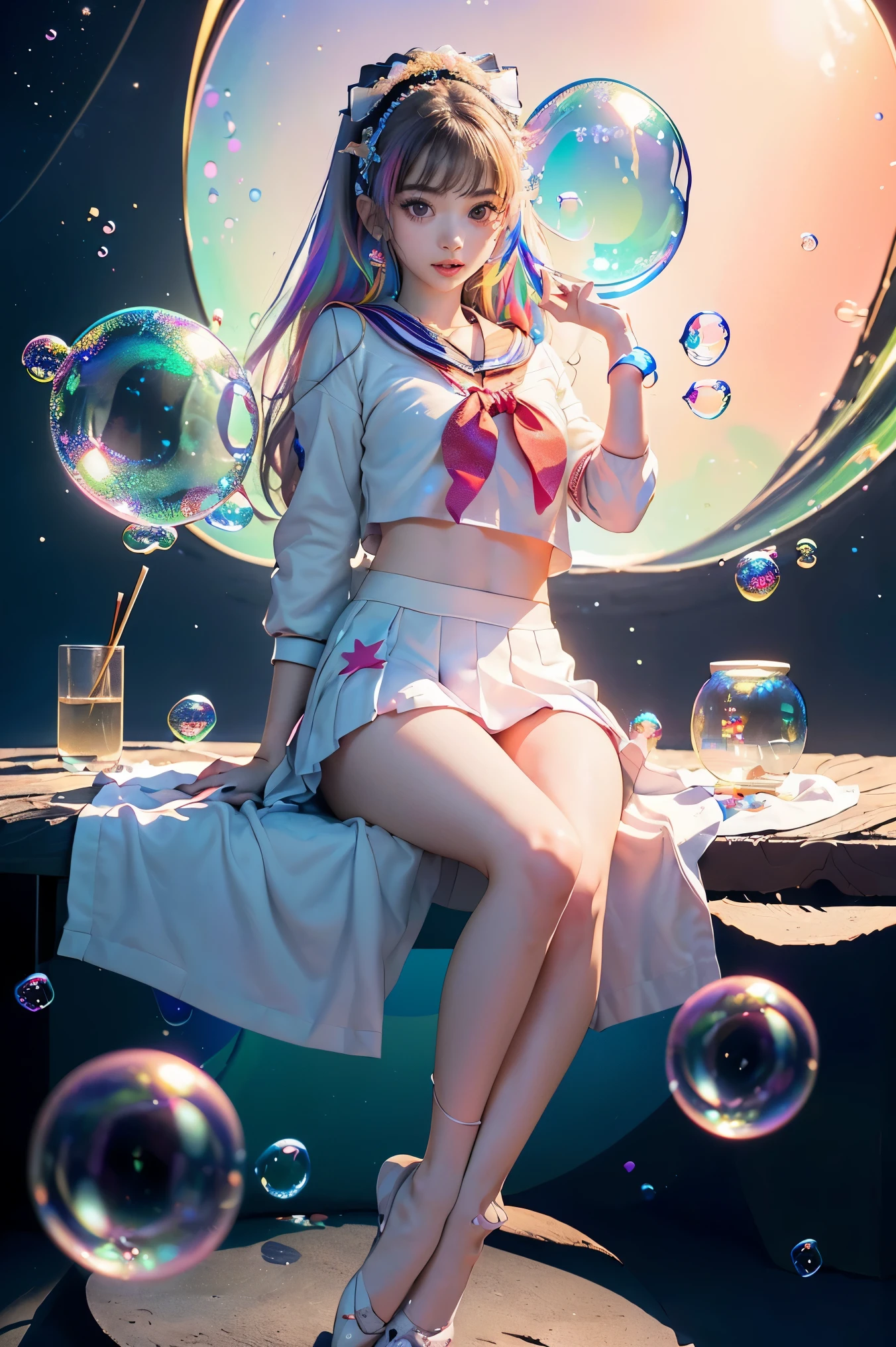 (Masterpiece), (best quality), (official art, Very detailed CG unity 8k wallpaper.), (Highly detailed), ((nonsense)), 1 girl, Medium shot, (exquisite face),(Serafuku:1.3) ((NRF)),((clear hand)), ((White thighs, no shoes)),tear, colored contact lenses, Stars in the eyes, (((colorful bubbles))), Multi-colored glass, (album cover)