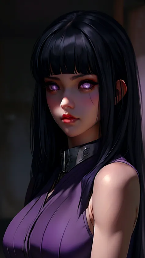 hinata hyuga, the last, shy girl, long black hair, blunt bangs, dark hair, voluminous hair, lavender eyes, no pupils, lavender s...