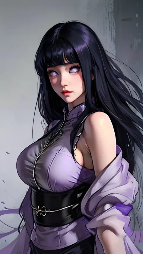 hinata hyuga, the last, shy girl, long black hair, blunt bangs, dark hair, voluminous hair, lavender eyes, no pupils, lavender s...