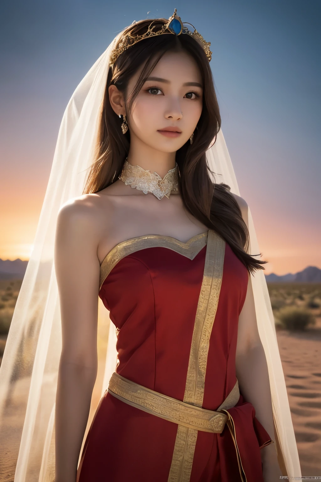 1 girl, (Wear a bright red Arabian Nights-style costume:1.2), (Veil), Very beautiful Japanese idol portraits, 
(RAW Photos, highest quality), (Realistic, Realistic:1.4), (masterpiece), 
Very delicate and beautiful, Very detailed, 2k wallpaper, wonderful, finely, Very detailed CG Unity 8K wallpaper, Very detailed, High resolution, Soft Light, 
Beautiful detailed girl, Very detailed目と顔, Beautiful and sophisticated nose, Beautiful and beautiful eyes, Cinema Lighting, 
(Standing in the desert at dusk:1.3), (sunset), (少女のwhole bodyのシルエット), (Hair and outfits fluttering in the wind), 
(Medium Hair), (whole body), 
Complete Anatomy, Slender body, Small breasts