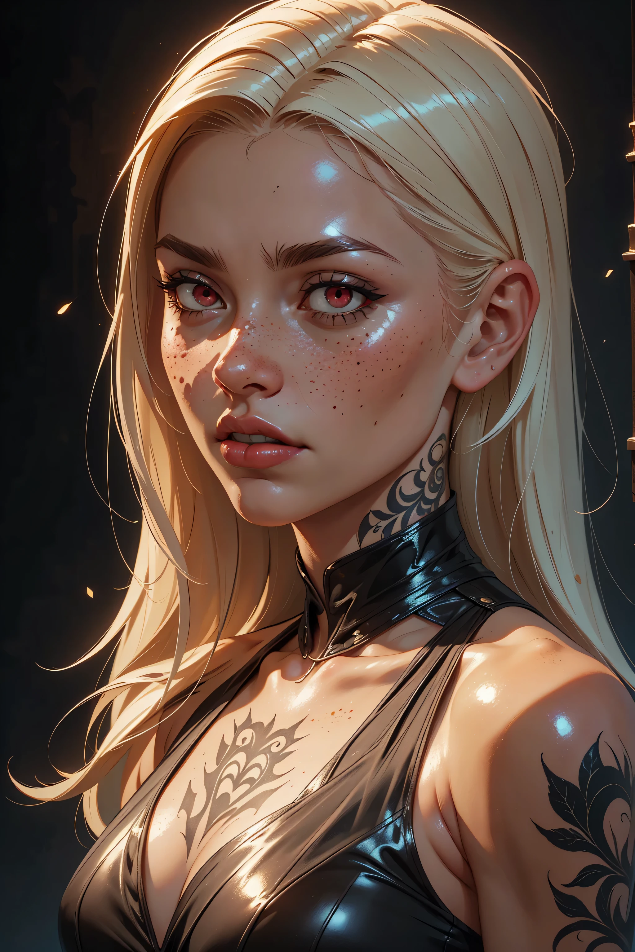 Sinthpaint, Realistic oil paint, 1woman, solo, tattoos, red shiny eyes, long white hair, beautiful, freckles, beautiful body, black dress, grey background, clean background, natural lighting, detailed skin Textures, intricate, detailed face, hyperrealistic, realistic light and shadows , (((cinematic lighting))).
