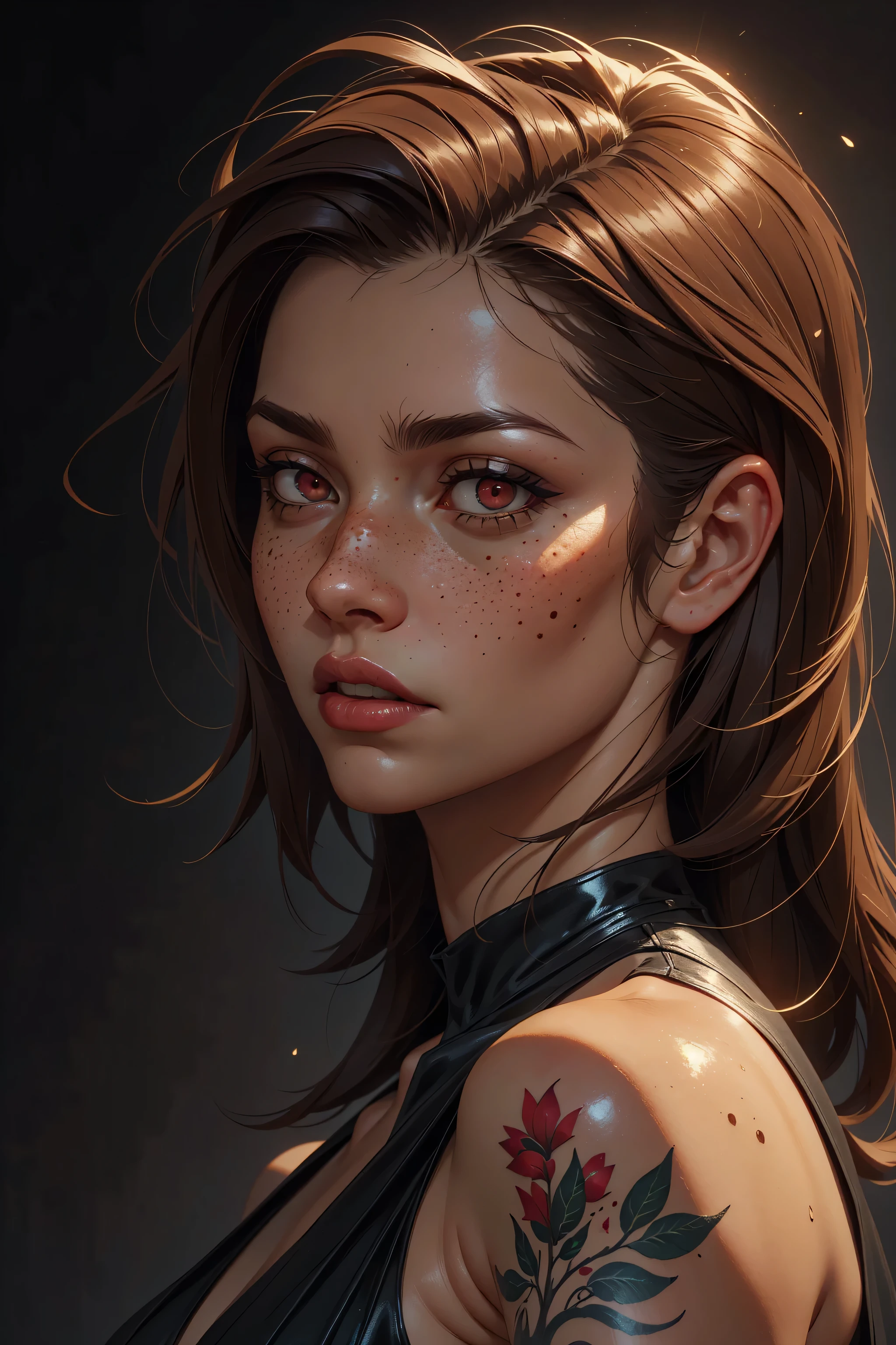Sinthpaint, Realistic oil paint, 1woman, solo, tattoos, red shiny eyes, long hair, brown hair, beautiful, freckles, beautiful body, black dress, grey background, clean background, natural lighting, detailed skin Textures, intricate, detailed face, hyperrealistic, realistic light and shadows , (((cinematic lighting))).