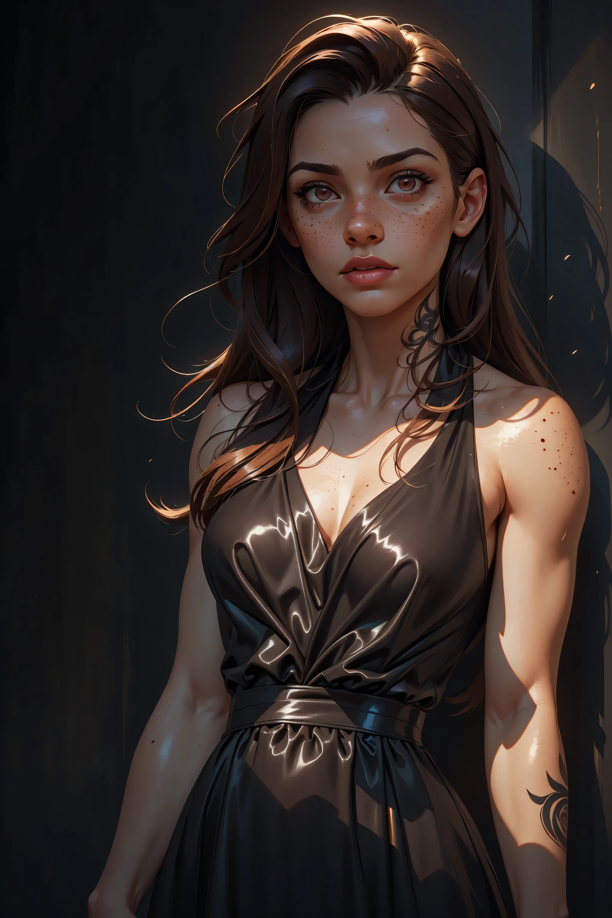 Sinthpaint, Realistic oil paint, 1woman, solo, tattoos, red shiny eyes, long hair, brown hair, beautiful, freckles, beautiful body, black dress, grey background, clean background, natural lighting, detailed skin Textures, intricate, detailed face, hyperrealistic, realistic light and shadows , (((cinematic lighting))).