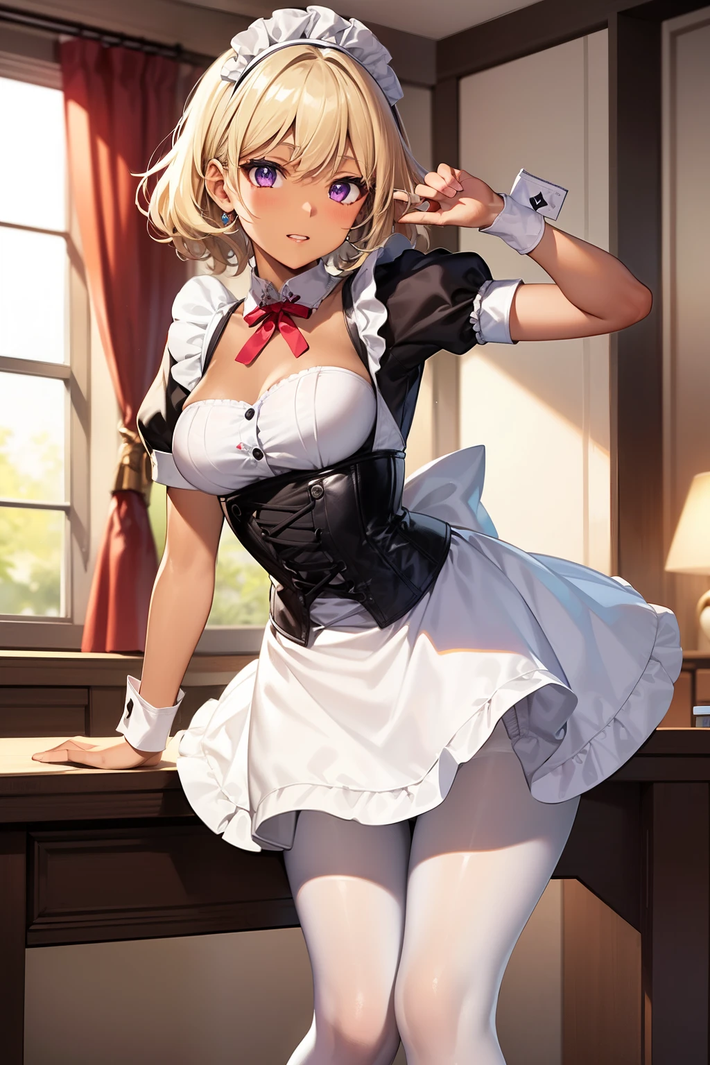 (Tabletop, highest quality, Super detailed), One Girl, Purple eyes, Blonde Hair, Dark Skin, Short Hair、Perm Hair、((White Pantyhose))、(Bedroom)、((Maid clothes))、mini skirt、corset