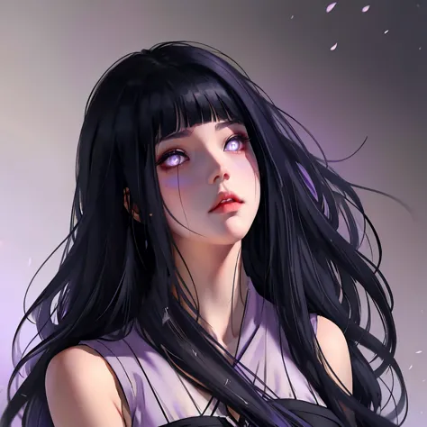 hinata hyuga, the last, shy girl, long black hair, blunt bangs, dark hair, voluminous hair, lavender eyes, no pupils, lavender s...