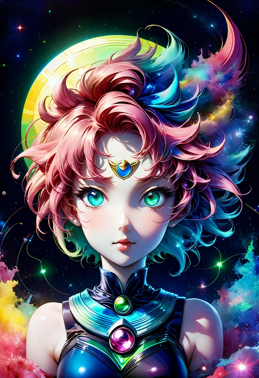 Dos dimensiones，un super lindo &citar;Marinero de la luna&citar;（Marinero de la luna），mini imagen，Hermosa chica delgada en estilo anime，ciberpunk，steampunk，Arte de falla，Proyección holográfica，estética mecánica，antigüedad，Luces de neón，Luz laser，FLUORESCENCIA，Luz espacial，efecto de brillo，iluminación intersexual，papel de arcoiris，Motor irreal，Minimalismo híbrido profundo/Estilo puntillismo bidimensional maximalista，pintura al óleo fotorrealista/estilo acuarela，linda expresión feliz，Ejemplar holográfico con sombras en capas.，Caleidoscopio de rubí y ópalo brumoso sobre fondo de ónix，Reflexión ionosférica difusa，Colores contrastantes vibrantes, iridiscentes y nítidos.，inspirado por Edgar Degas、Vermeer、Mucha、Obras maestras de Monet y otros maestros，complejo contra el neon、Dinero、Uranio、Detalle de la magnetosfera de estaño。definición de alta definición，obra maestra，Ojos monocromáticos redondos extra grandes.，todo el cuerpo，muñeca cabezona，vista frontal，linda estética，rico fondo，rico en detalles。