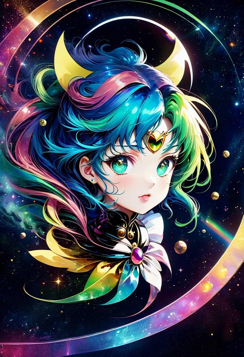 Dos dimensiones，un super lindo &citar;Marinero de la luna&citar;（Marinero de la luna），mini imagen，Hermosa chica delgada en estilo anime，ciberpunk，steampunk，Arte de falla，Proyección holográfica，estética mecánica，antigüedad，Luces de neón，Luz laser，FLUORESCENCIA，Luz espacial，efecto de brillo，iluminación intersexual，papel de arcoiris，Motor irreal，Minimalismo híbrido profundo/Estilo puntillismo bidimensional maximalista，pintura al óleo fotorrealista/estilo acuarela，linda expresión feliz，Ejemplar holográfico con sombras en capas.，Caleidoscopio de rubí y ópalo brumoso sobre fondo de ónix，Reflexión ionosférica difusa，Colores contrastantes vibrantes, iridiscentes y nítidos.，inspirado por Edgar Degas、Vermeer、Mucha、Obras maestras de Monet y otros maestros，complejo contra el neon、Dinero、Uranio、Detalle de la magnetosfera de estaño。definición de alta definición，obra maestra，Ojos monocromáticos redondos extra grandes.，todo el cuerpo，muñeca cabezona，vista frontal，linda estética，rico fondo，rico en detalles。