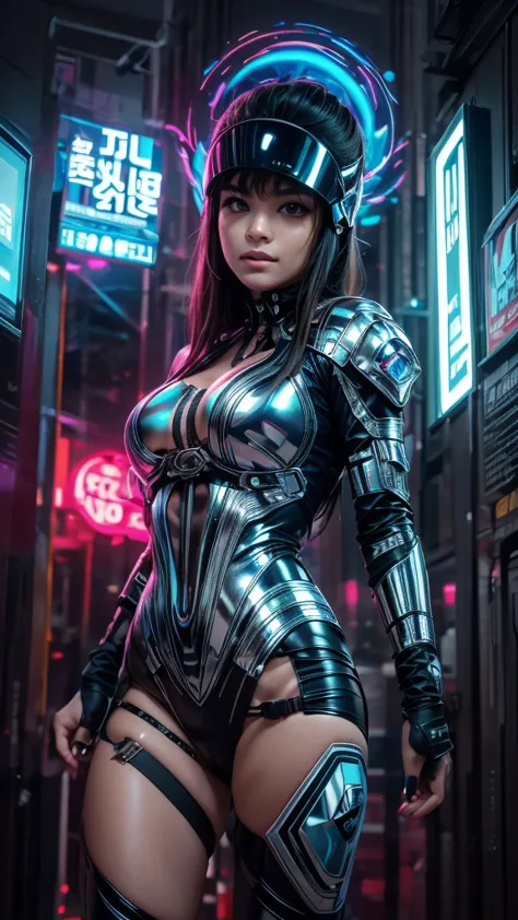 a woman, battle suit, with neon lights, helmet, cyberpunk, is posing sexy, extreme lights, extreme sharpness, (62k ultra definit...