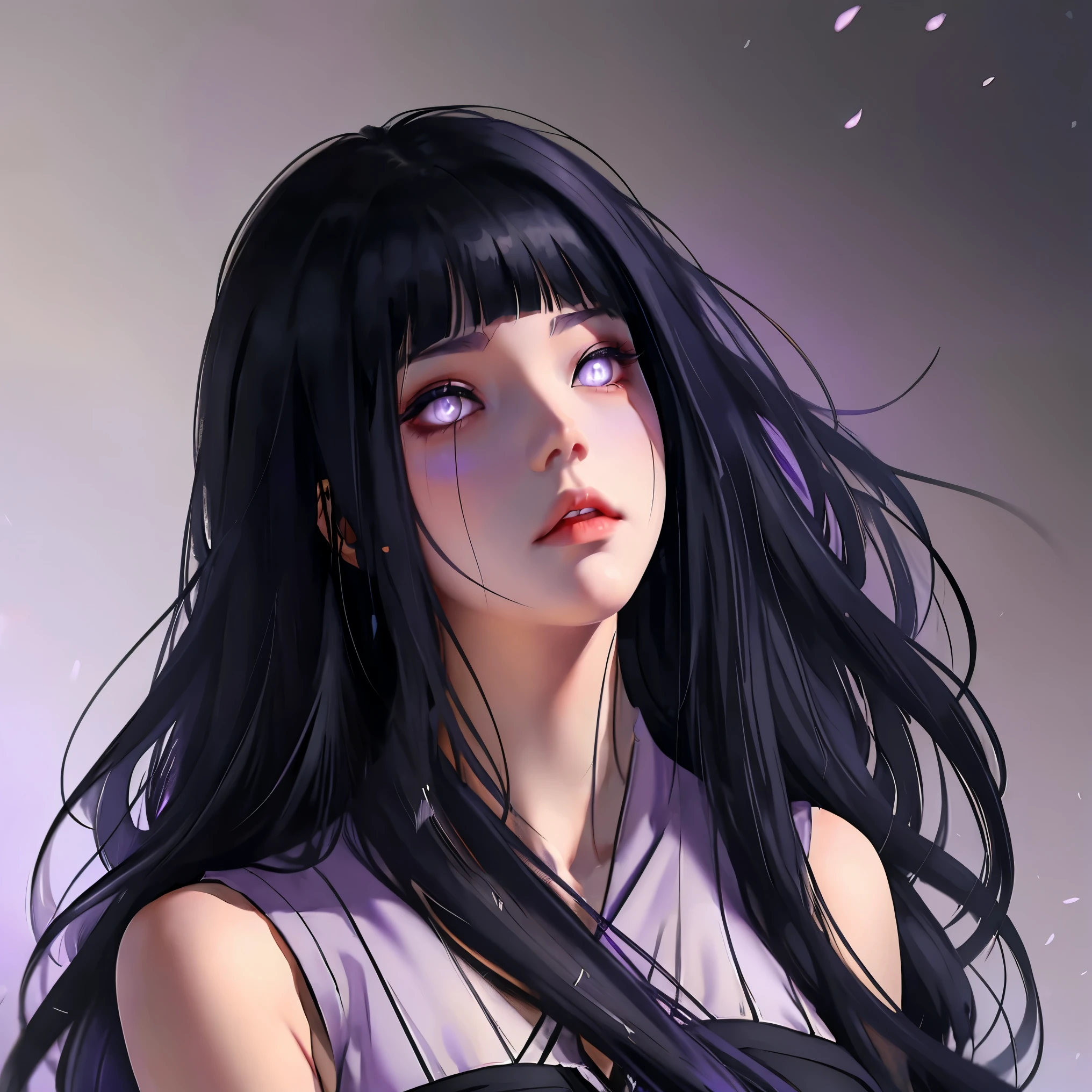 Hinata Hyuga, the last, shy girl, long black hair, blunt bangs, dark hair, Voluminous hair, lavender eyes, no pupils, Lavender Sleeveless Blouse, big breasts, slim waist, masterpiece, best quality, Professional, realistic.