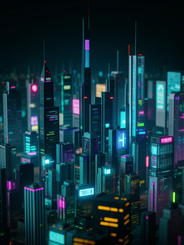 close up of a cyberpunk city made from ral polygon, fotografia tilt-shift 