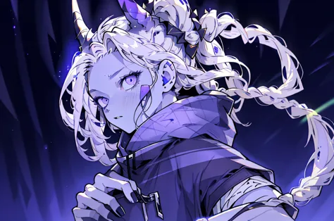 boy rabbit thoughtful look open forehead. dark purple hair braided into a ponytail on the left side. sinuous black horns wrapped...