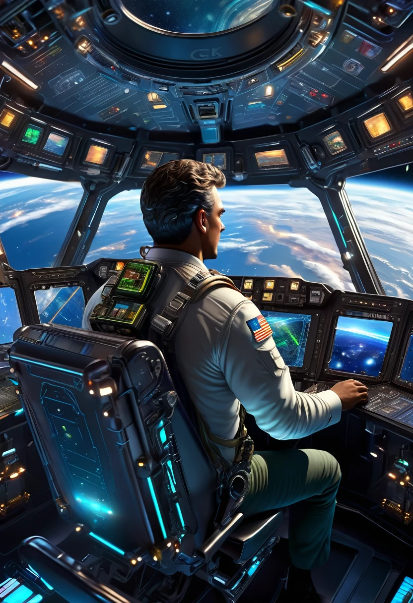 Vista posterior del piloto masculino girando a medias para mirar a la cámara., sosteniendo un dispositivo de navegación holográfica y sentado en una silla en la cabina de una nave espacial en el espacio profundo, Obra maestra, mejor calidad, (muy detallado CG unity 8k wallpaper), (mejor calidad), (mejor ilustración), (mejores sombras), 3D isométrico , Representación de octanaje, trazado de rayos, muy detallado, Ciencia ficción

