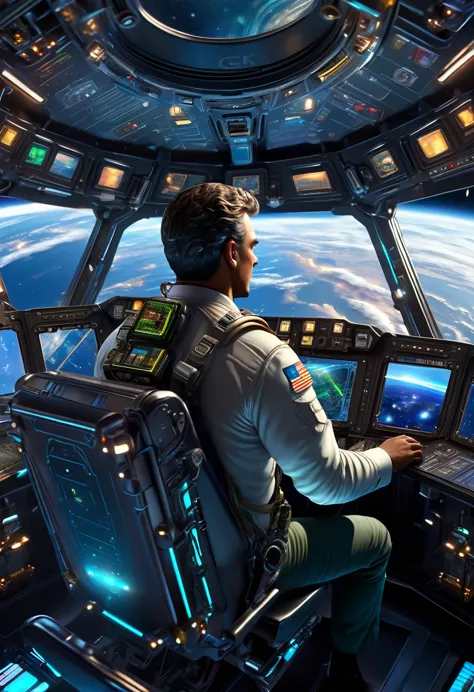 back view of male pilot half-turning to look at camera, holding holographic navigation device and sitting in chair in spaceship ...