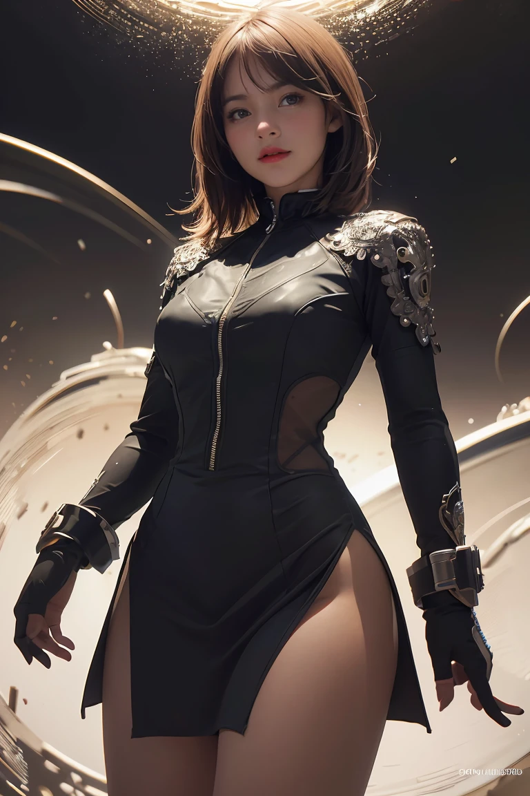 ((masterpiece, best quality)), ultra detailed 8k, photorealistic, sharp focus, highly detailed, professional lighting , shadowmancer, photo of a woman, ink particle, ((swirling black ink floating around)), futuristic fantasy, futuristic black dress, dynamic pose, realistic, masterpiece, intricate details, detailed background, depth of field, 