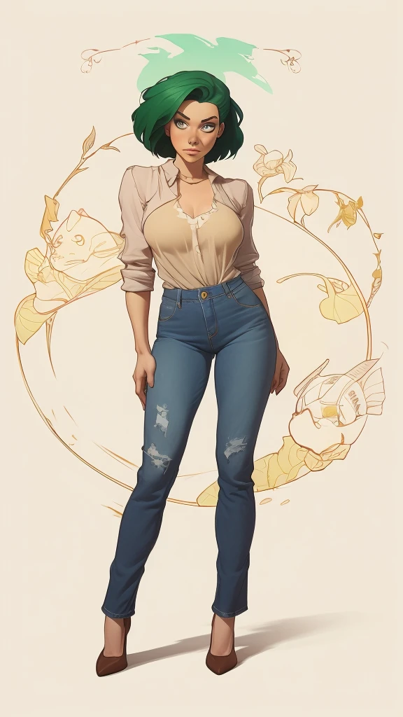 um desenho de uma mulher com uma fantasia verde e amarela, garota de anime desonesta, Artgerm e Lois van Baarle, retrato de corpo inteiro de jeans cinza, Steven Artgerm Lau, desenhado no estilo de artgerm, fanart de alta qualidade, jeans cinza, esboço colorido de alta qualidade, linda garota vestindo terno regata, portrait of jeans cinza, garota dos cavaleiros do zodíaco