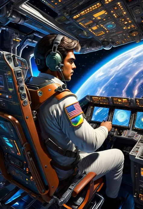 back view of male pilot half-turning to look at camera, holding holographic navigation device and sitting in chair in spaceship ...