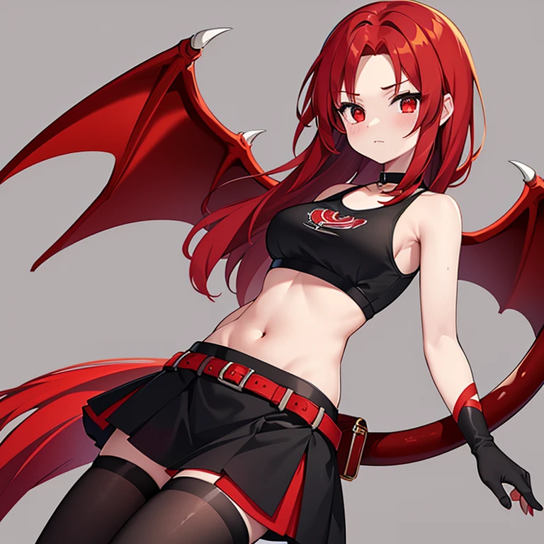 cabello rojo, 16 años de edad, 1 chica, alas de dragón rojas y negras, cola roja y negra, falda, top corto