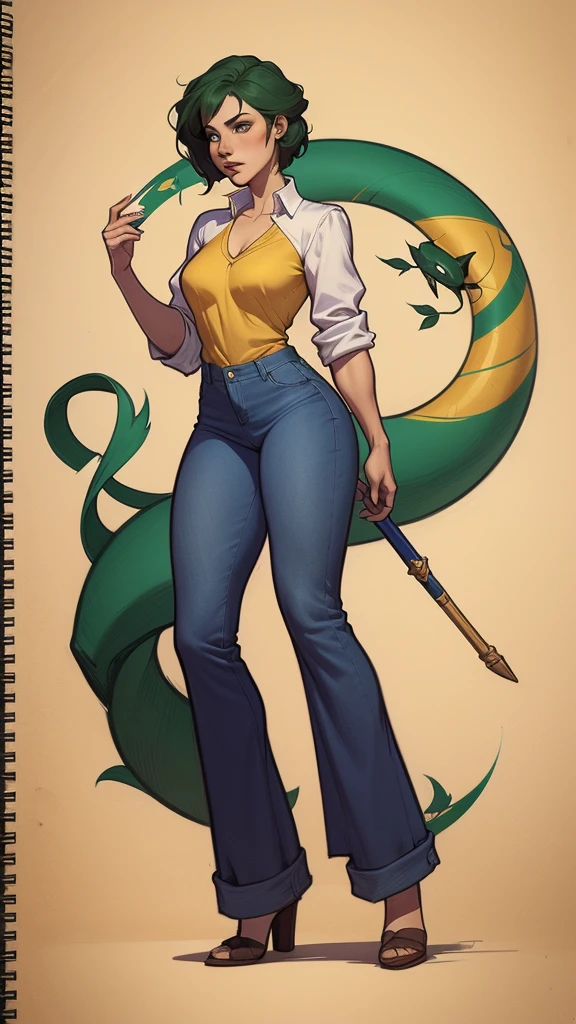 um desenho de uma mulher com uma fantasia verde e amarela, garota de anime desonesta, artgerm e lois van baarle, full body portrait of jeans cinza, Steven Artgerm Lau, desenhado no estilo de artgerm, fanart de alta qualidade, jeans cinza, High quality color sketch, linda garota vestindo terno regata, portrait of jeans cinza, girl of the zodiac knights