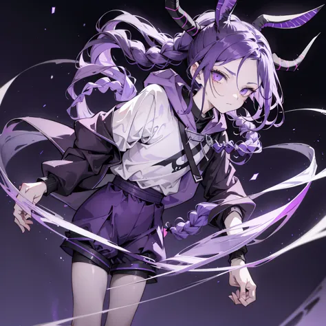 boy rabbit thoughtful look open forehead. dark purple hair braided into a ponytail on the left side. sinuous black horns wrapped...