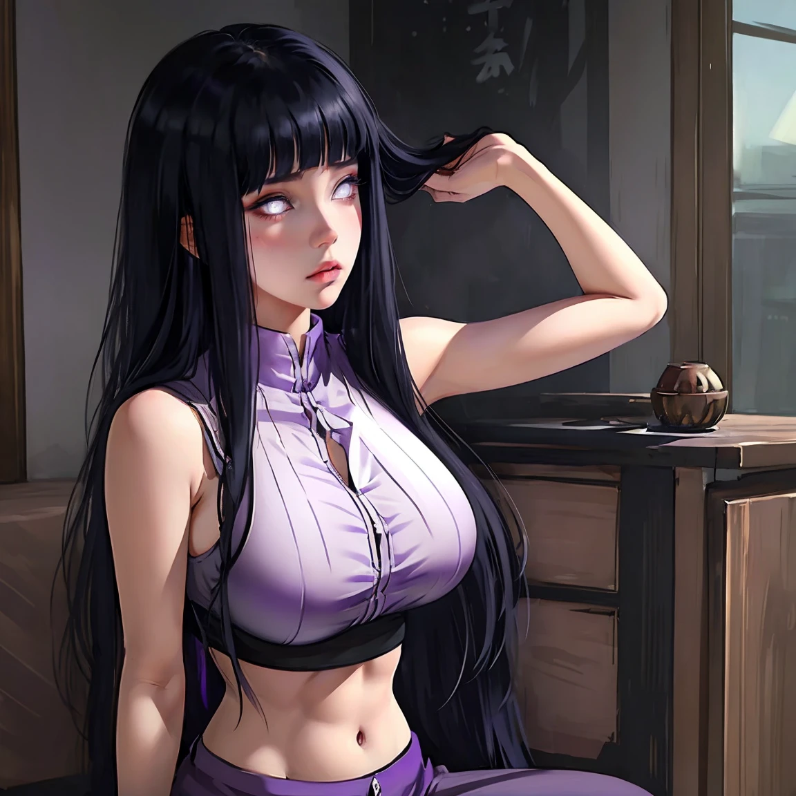 1girl, Hinata Hyuga, the last, shy girl, long black hair, blunt bangs, dark hair, Voluminous hair, lavender eyes, no pupils, Lavender Sleeveless Blouse, big breasts, slim waist, masterpiece, best quality, Professional, realistic.