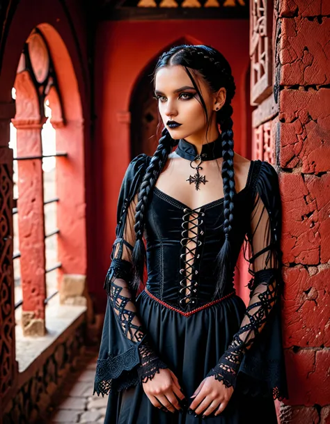 cinematic photo professional full body photography, photo shoot ((17 year old girl)) braided black hair, gothic makeup and cloth...