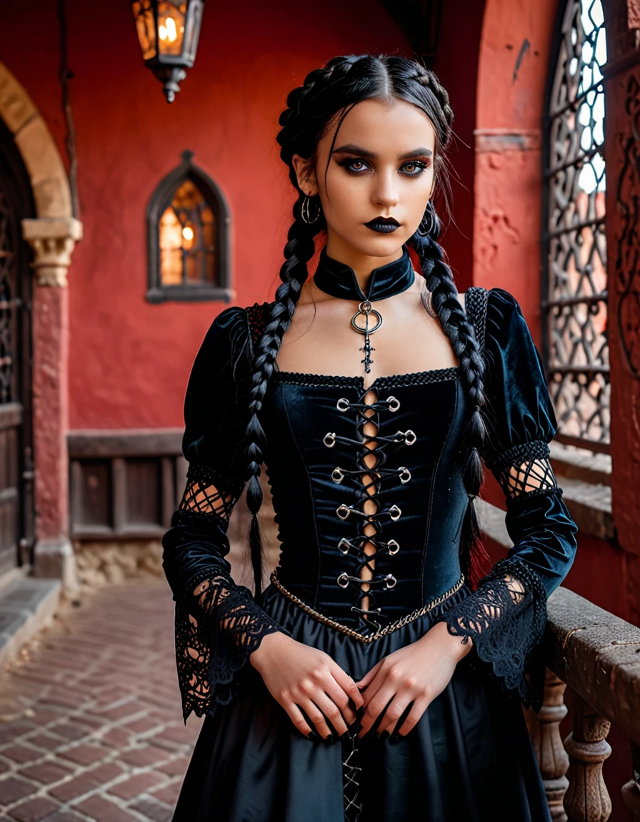 cinematic photo professional full body photography, photo shoot ((17 year old girl)) braided black hair, gothic makeup and clothes, location is a medieval brothel, red walls, model wearing a transparent , Nikon Z9. 35mm photography, film, bokeh, professional, 4k, very detailed.