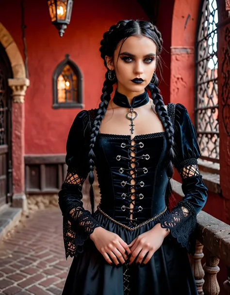 cinematic photo professional full body photography, photo shoot ((17 year old girl)) braided black hair, gothic makeup and cloth...