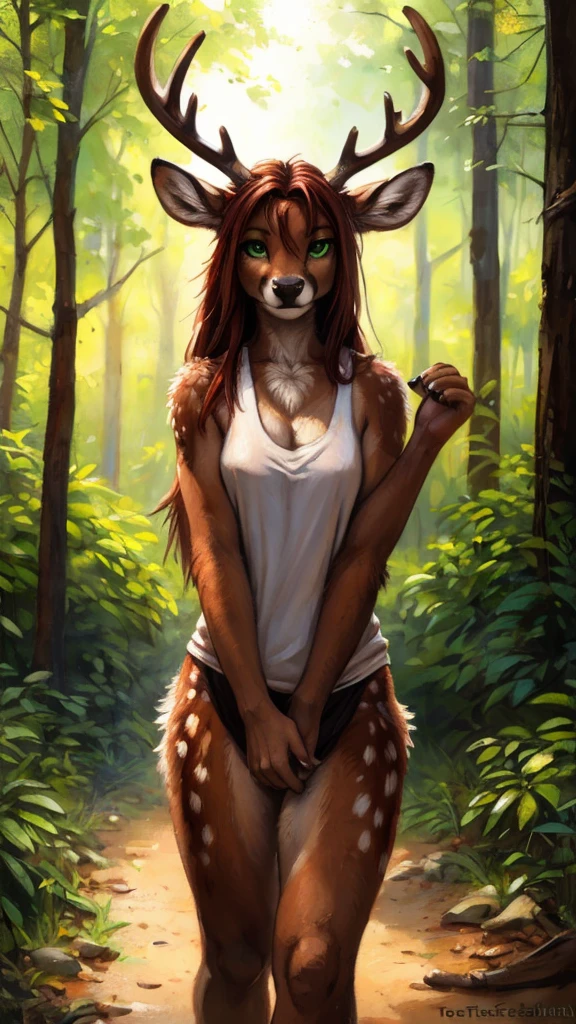 by kenket, by totesfleisch8, (by thebigslick, by silverfox5213:0.8), (by syuro:0.2), by tom_fischbach,, (best quality, masterpiece:1), solo, furry female anthro, green eyes, long hair, reddish brown hair, portrait, fingers, finger claws, looking at viewer, deer, (outdoors dark forest trees blurry blurred background:1.1), featureless_breasts, dressed in a white tanktop.