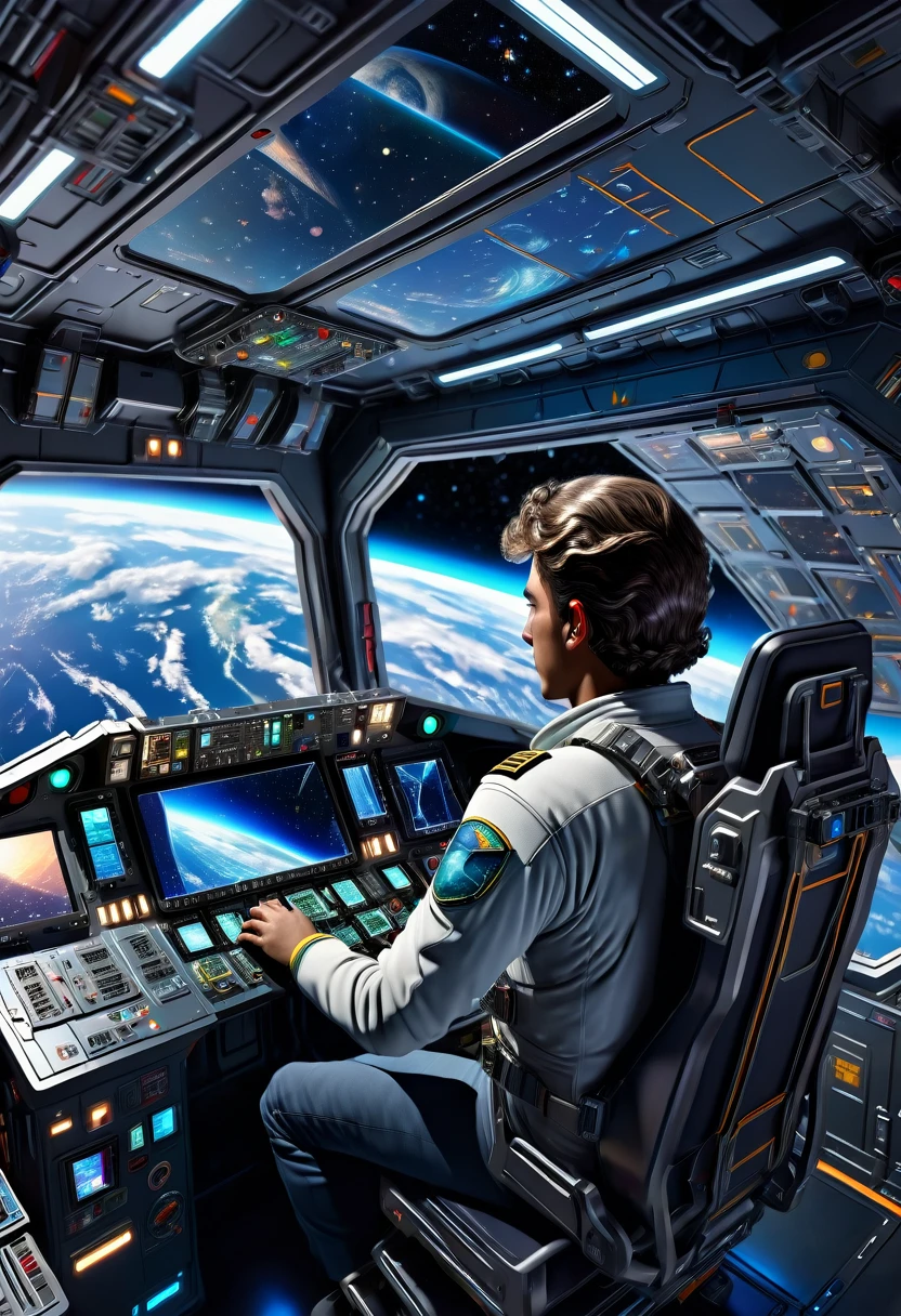 sideback view of male pilot looking half-turned at viewer and holding holographic navigation device in hands, sitting in chair in cockpit of spacecraft in deep space, Masterpiece, best quality, (highly detailed CG unity 8k wallpaper), (best quality), (best illustration), (best shadows), isometric 3D , octane rendering, ray tracing, highly detailed, sci-fi