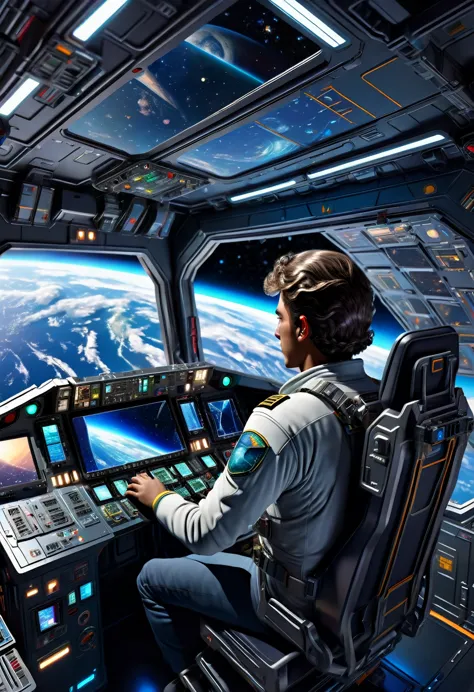 back view of male pilot half-turning to look at camera, holding holographic navigation device and sitting in chair in spaceship ...